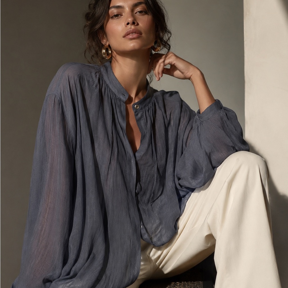 Pas De Calais Sheer Button-Front Balloon-Sleeve Blouse